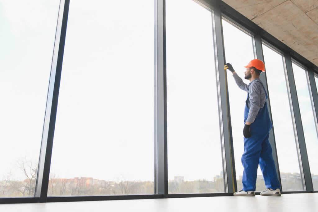 Workman in overalls installing or adjusting plastic windows in the living room at home.